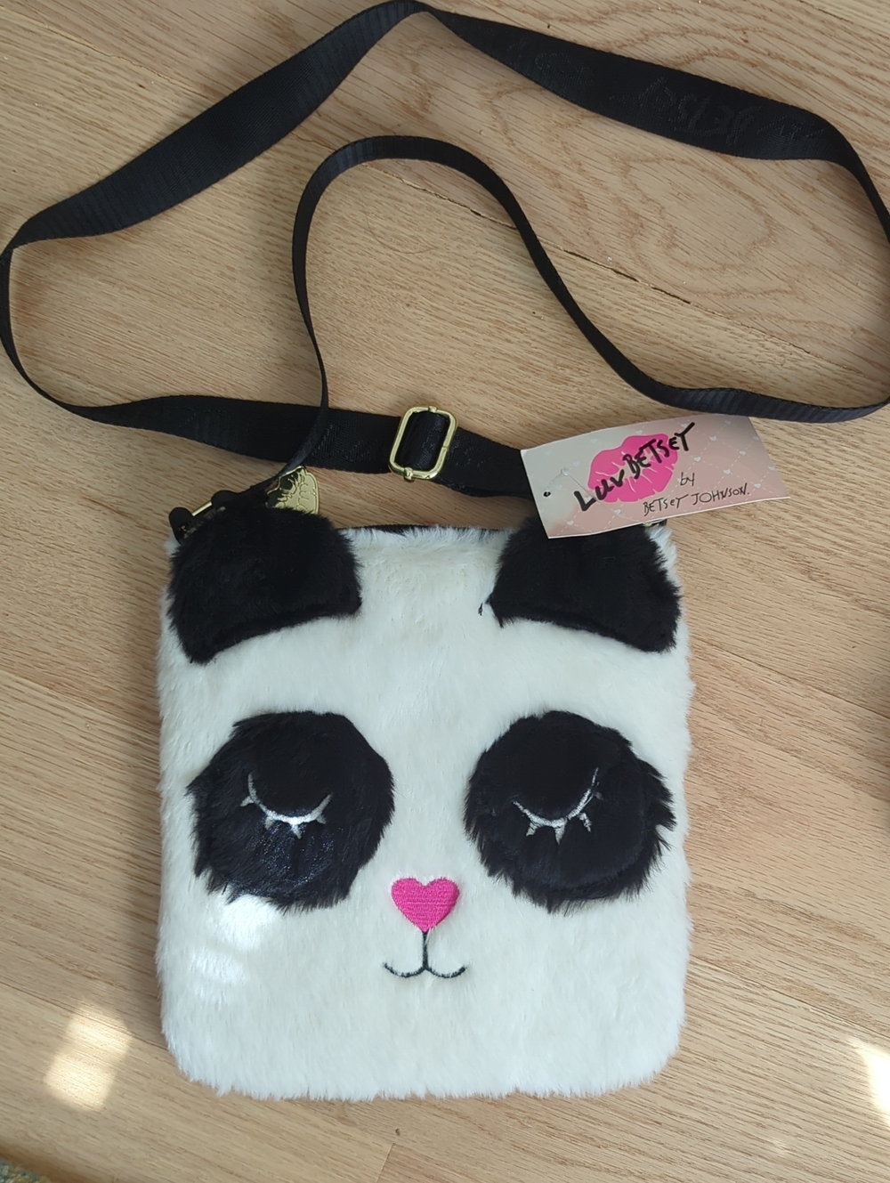 NWT Betsey Johnson Faux Fur Panda Crossbody Bag in White, Black & Pink